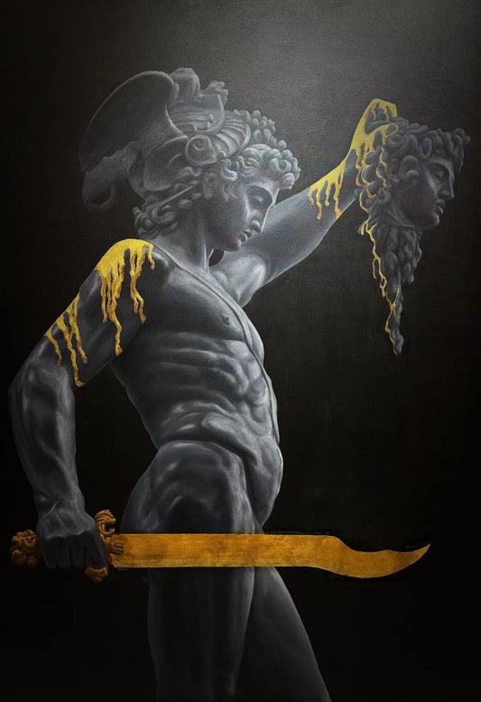 Medusa, a 160 × 110 cm original black-and-gold painting by YIFAN ZHANG
