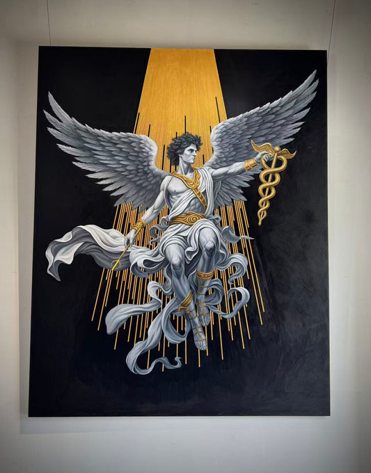YIFAN ZHANG Double Serpent Staff black and gold original oil painting
