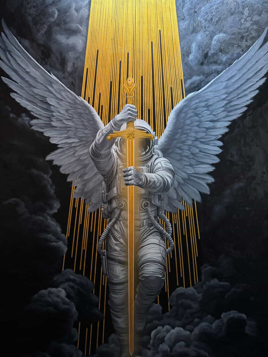 YIFAN ZHANG, What's the End of Science?, original oil painting with a winged form beneath descending golden light