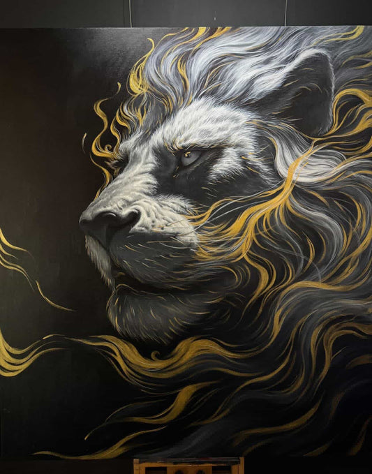 The Lion, a 160 × 140 cm original black-and-gold painting by YIFAN ZHANG