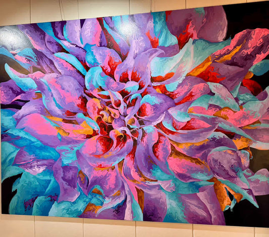 YIFAN ZHANG, The Flower, large original oil painting with a multicolored flower spreading across the canvas