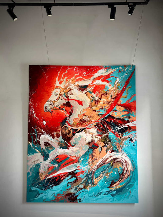 The Flying Horse, a 160 × 200 cm original fluid painting by YIFAN ZHANG