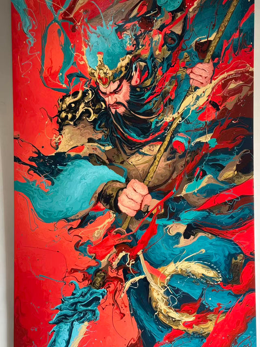 The GuanYu, a 300 × 150 cm original fluid painting by YIFAN ZHANG