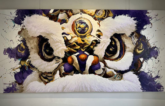 The Chinese Lion, a 135 × 270 cm original fluid painting by YIFAN ZHANG