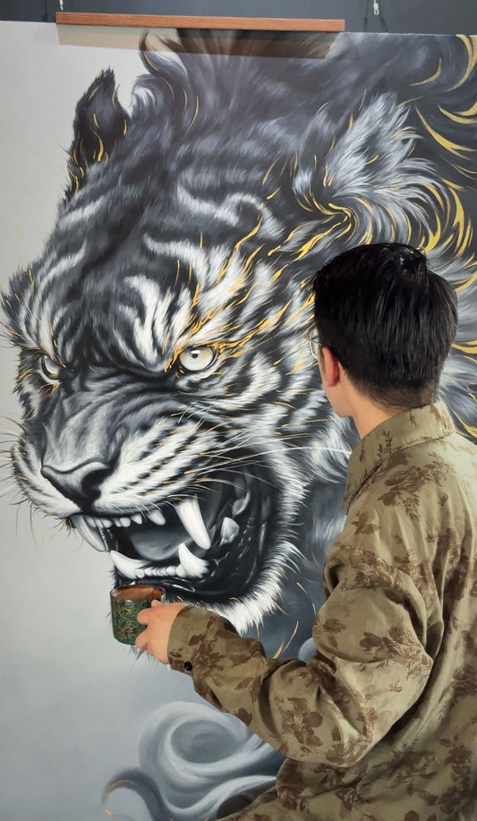 The Wild Tiger, a 150 × 100 cm original black-and-gold painting by YIFAN ZHANG