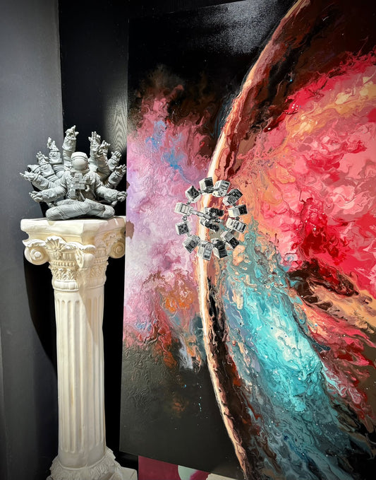 Time Does Not Exist original painting by YIFAN ZHANG shown beside a separate astronaut sculpture