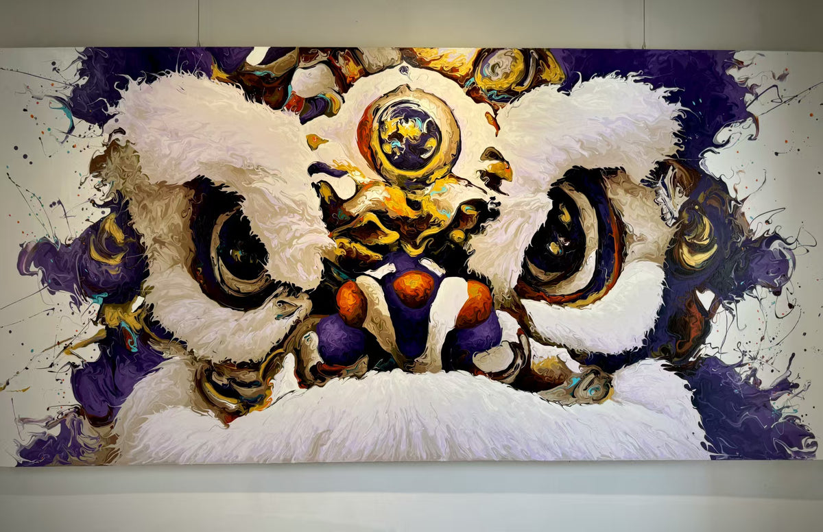 “Fluid Painting”-The Chinese Lion with framed