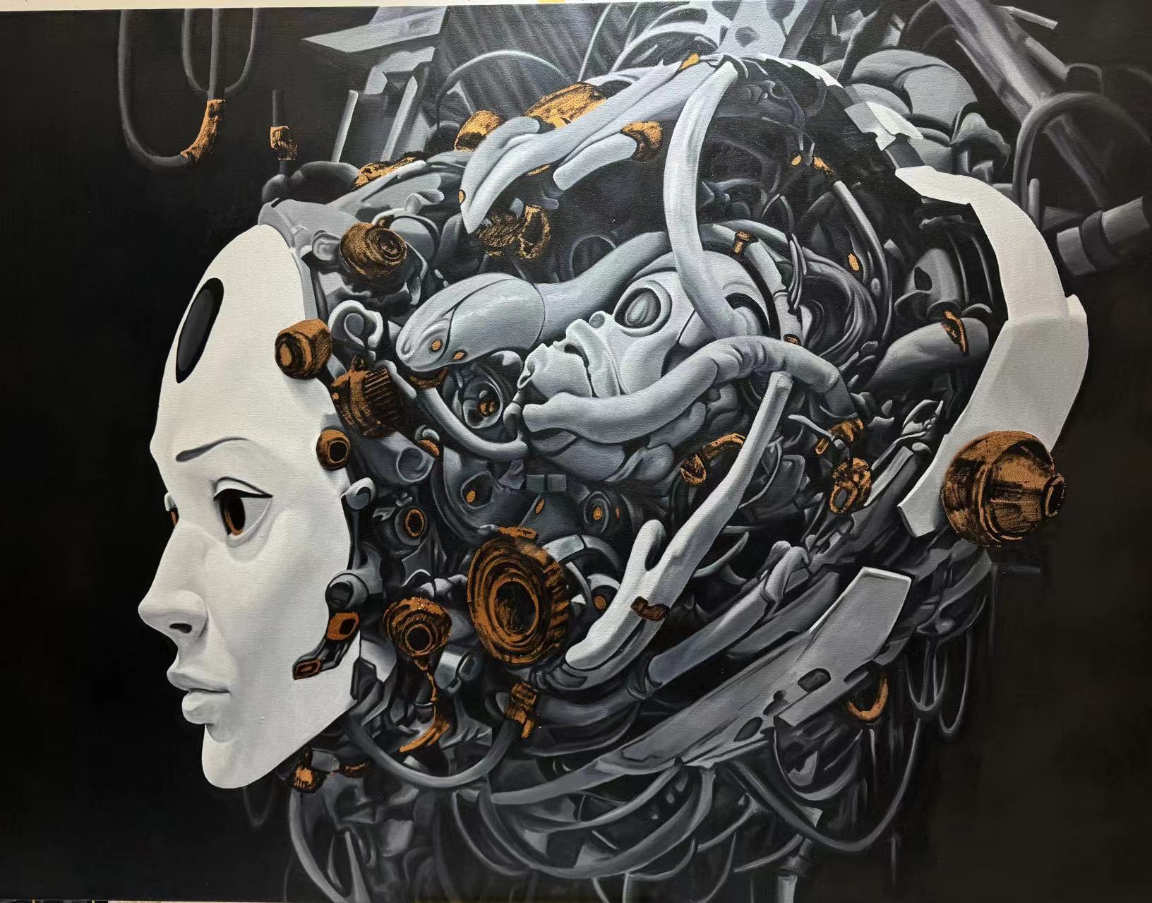 “Black&Golden Painting”-Mechanical Ascent with framed