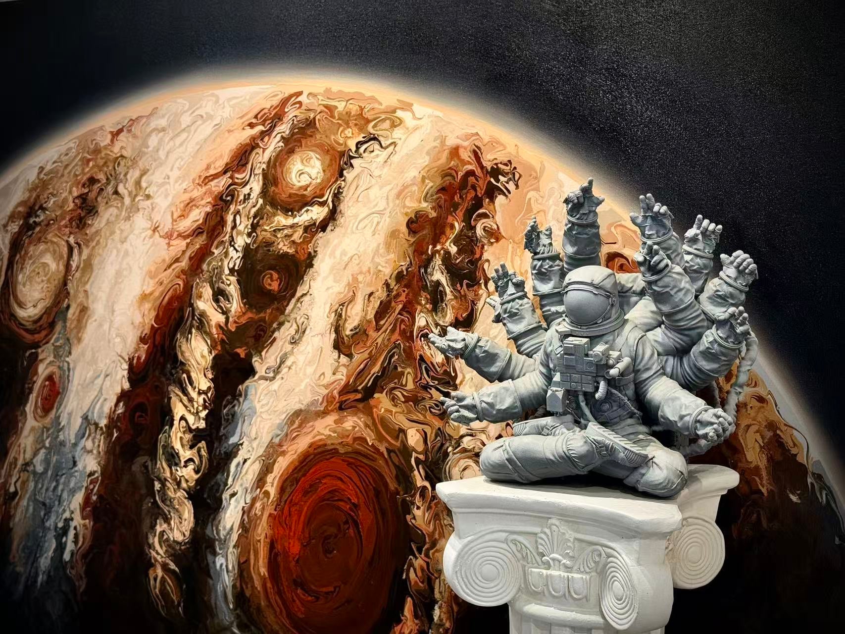 Jupiter original fluid painting by YIFAN ZHANG, wide view of the planet; display sculpture at right is separate