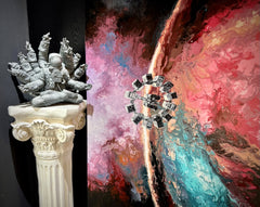 Time Does Not Exist original painting, detail of the colorful cosmic composition with spacecraft; display sculpture at left is separate