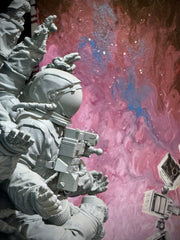 Close-up display photo of Time Does Not Exist original painting behind a separate astronaut sculpture